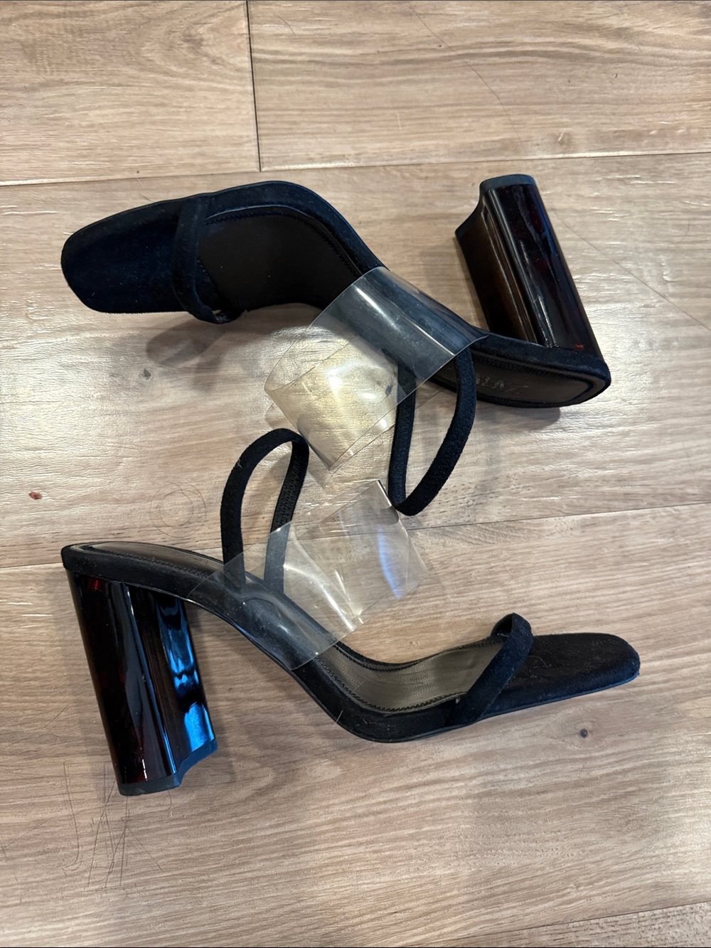 Zara Black Clear Strap Block Heel Sandals - Women
